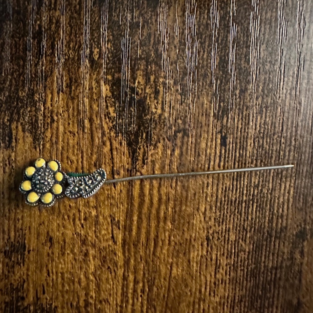 Vintage Judith Jack Sterling Silver Stick Pin Yellow Enamel Flower